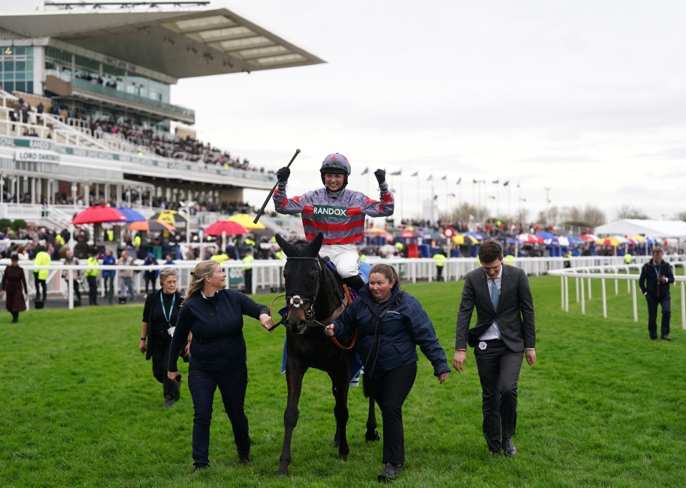 Bryony Frost celebrates a recent victory at Aintree's Grand National Festival - but her immediate future now lies in France for two of the biggest owners in the sport