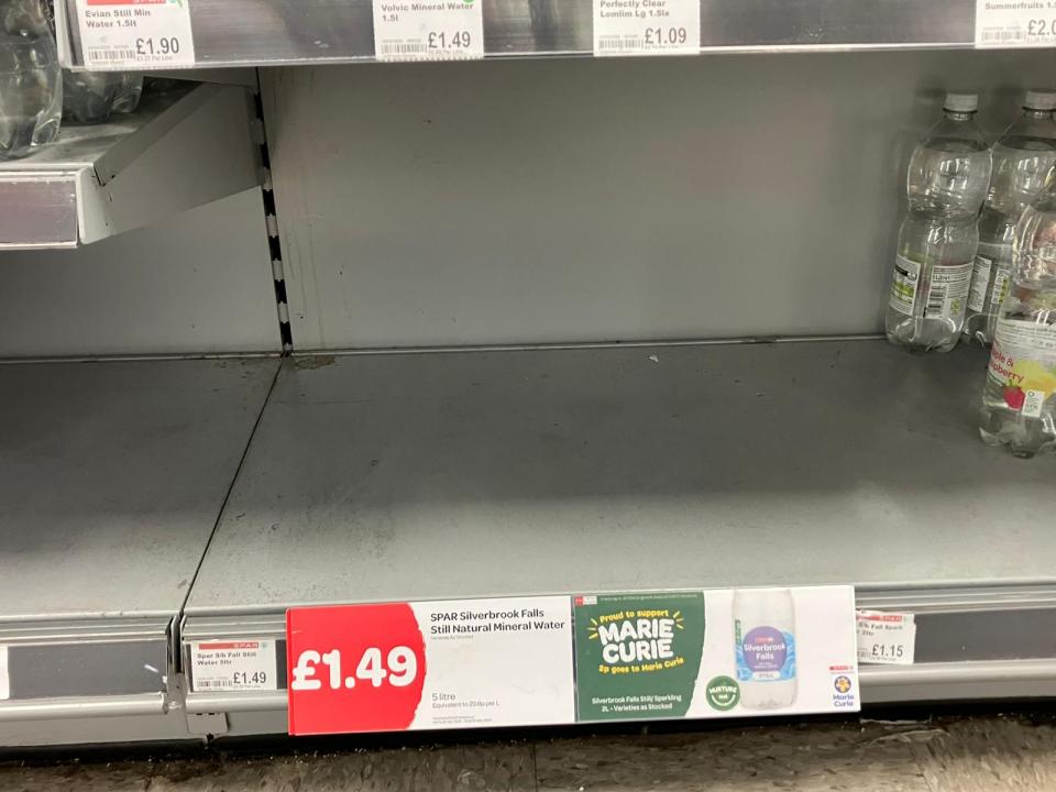 No still water was on the shelves at Co-Op in Brixham after panicked shoppers stripped the shelves