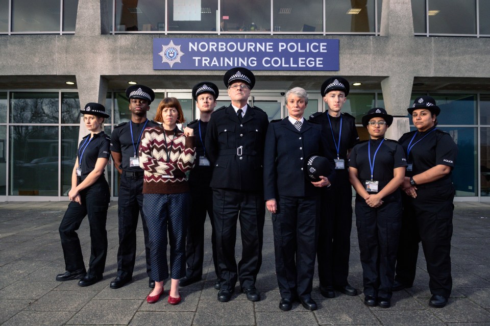 With a short, grey wig and drab uniform, Sarah Parish plays no-nonsense Superintendent Julie Spry in a police training college