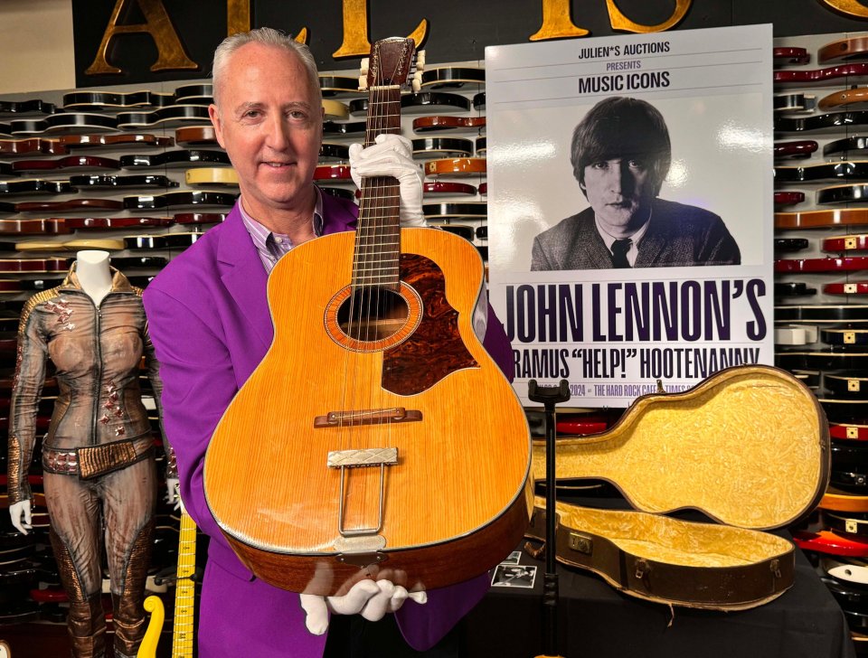 Martin Nolan holds John Lennon’s lost 1965 HELP! Framus 12-string Hootenanny acoustic guitar