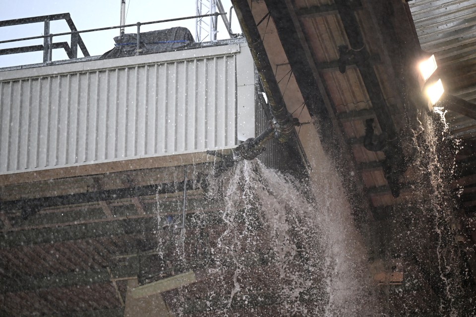 Old Trafford was hit by a two-hour deluge on Sunday afternoon