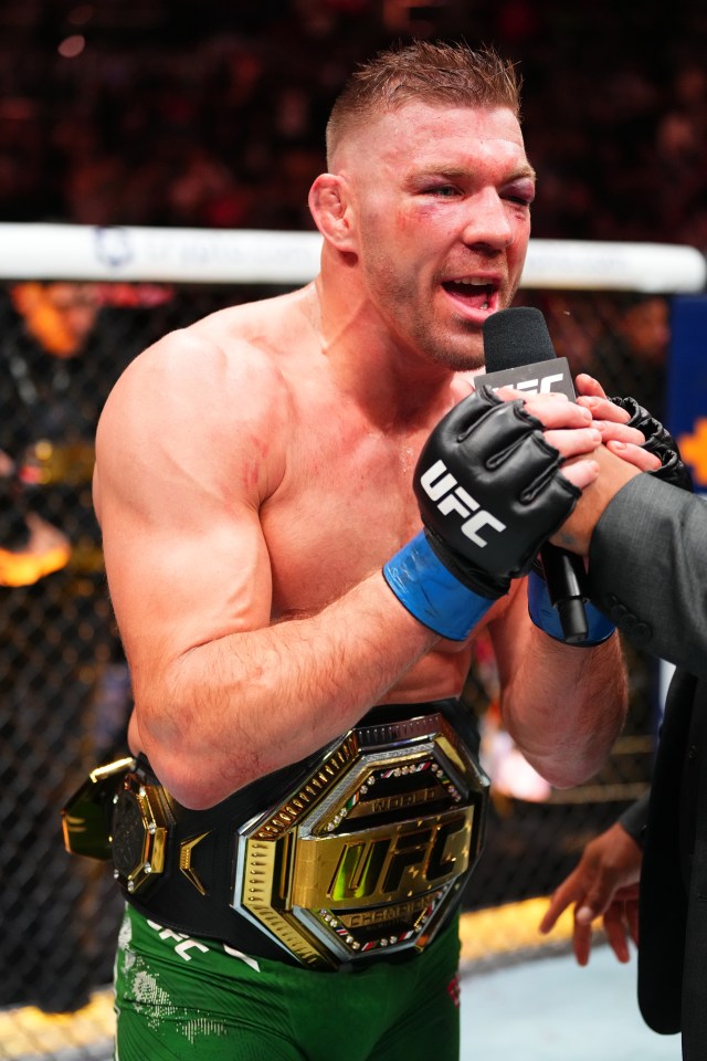 Dricus Du Plessis reacts after his victory against Sean Strickland in a UFC middleweight championship