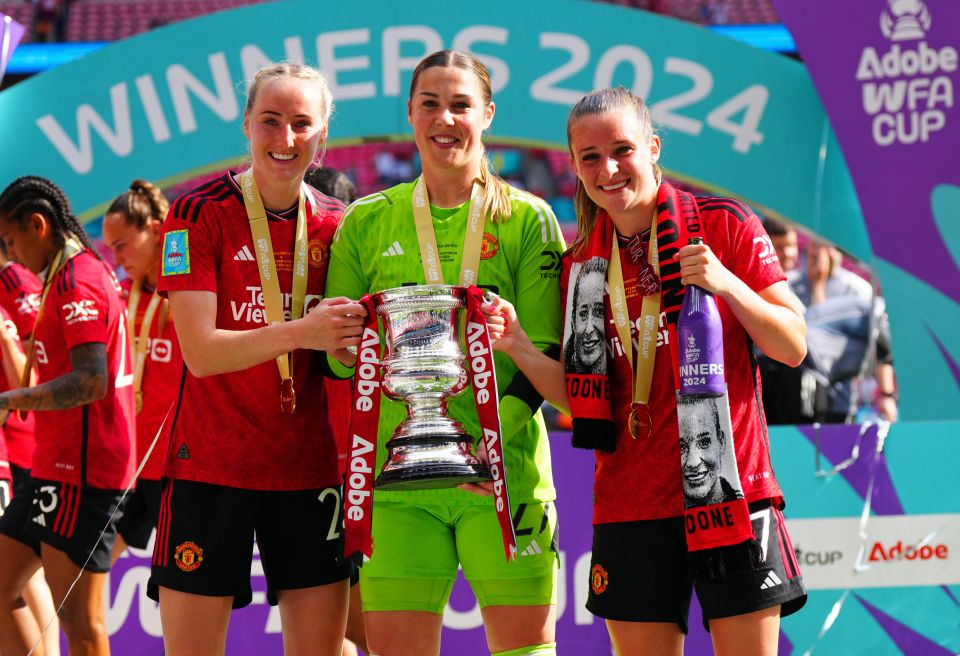 Mary Earps celebrates with Millie Turner, left, and Ella Toone after winning the FA Cup