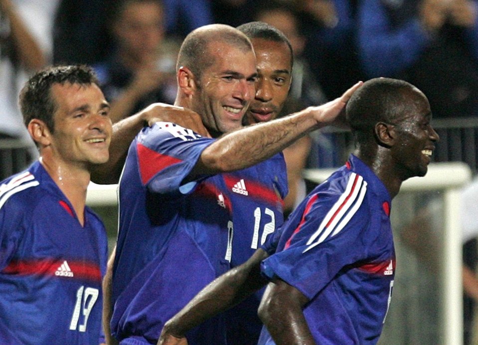 Willy Sagnol, left, with France team-mates Zinedine Zidane, Thierry Henry, and Claude Makelele back in 2005