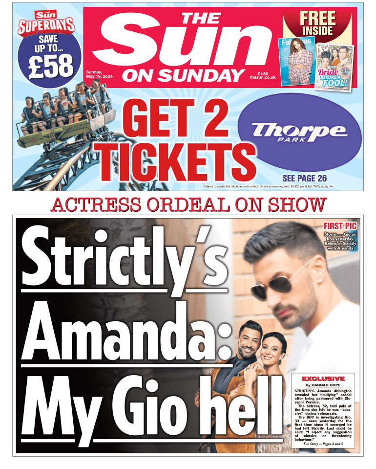 The Sun on Sunday's front page exclusively revealed Amanda Abbingdon's 'Gio hell'