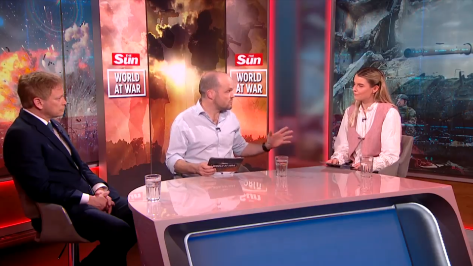 Defence Secretary Grant Shapps speaking on The Sun's new World At War show with defence editor Jerome Starkey and reporter Iona Cleave