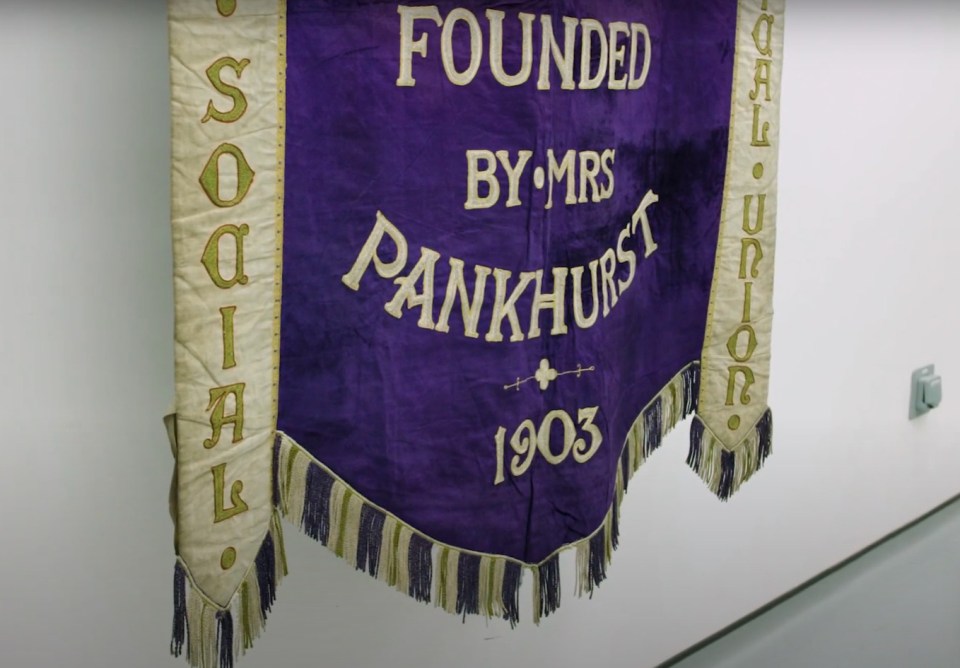 The banner has links to key figures in the women's suffragette movement, inflating its value