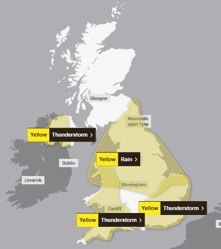 A map of the areas covered by yellow warnings