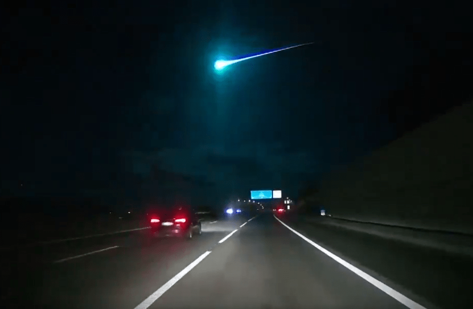 The moment the comet was captured by a car's dashcam just seconds before it exploded and turned the sky blue