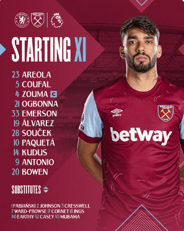 West Ham's line up as they take on the Blues