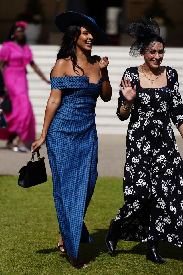 Maya Jama wowed in a blue houndstooth dress with a matching hat at the bash