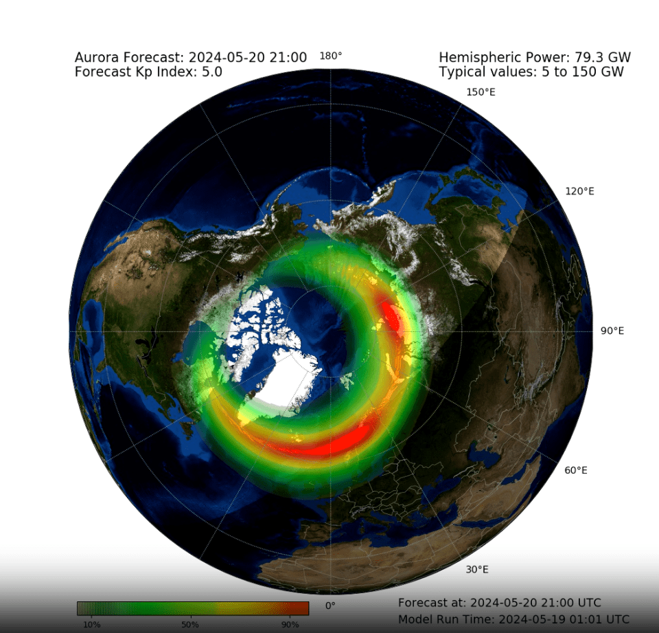 A map showing where the Northern Lights could be seen last night