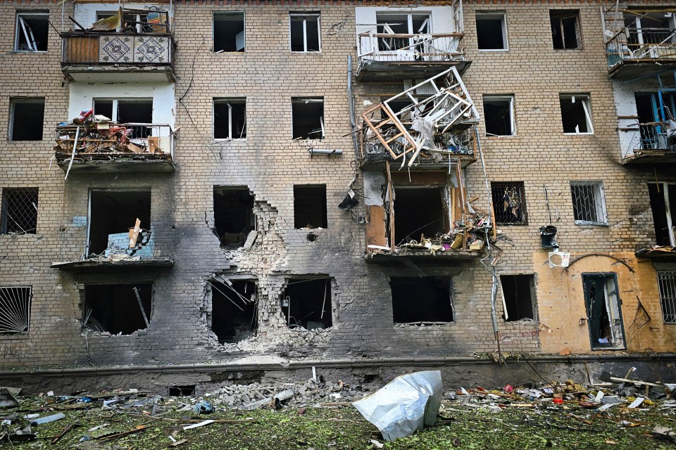 An apartment building in Kharkiv destroyed by Russian aerial bombs