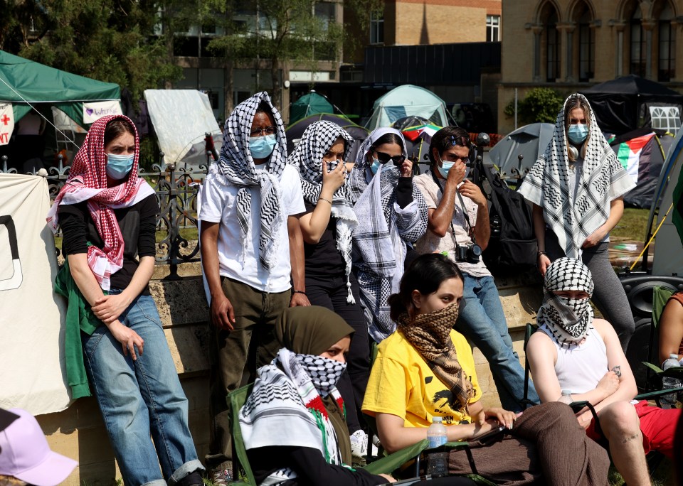 Many of the protestors hide their identity under keffiyehs at the Oxford demonstration