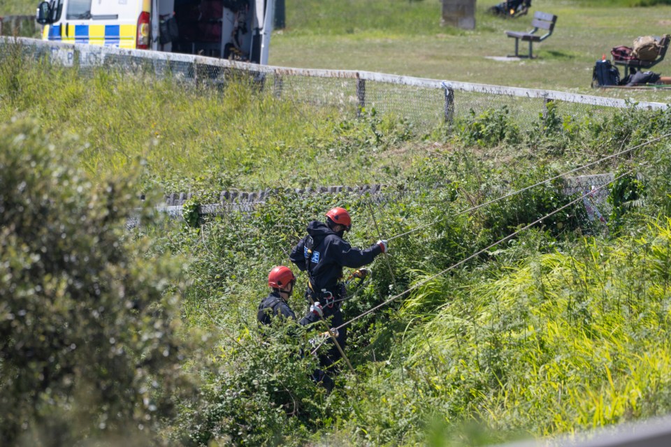 Specialist officers were seen abseiling down cliffs above Durley Chine beach where they are thought to be searching for the murder weapon