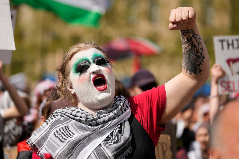 A pro-Palestinian demonstrator protests against the participation of Israeli contestant Eden Golan ahead of the Eurovision final