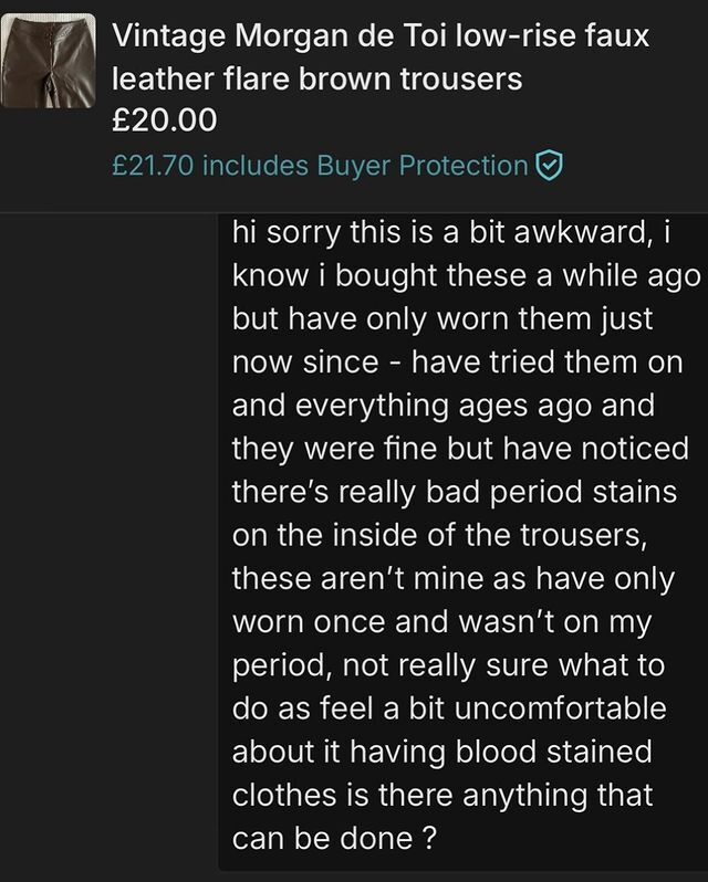 See the grim discovery that left Depop buyer horrified when she received £20 flared trousers - but others say the seller hasnt done anything wrong, , TAKEN WITH NO PERMISSION:, //www.instagram.com/p/C7WJXXCo7lQ/?img_index=2,