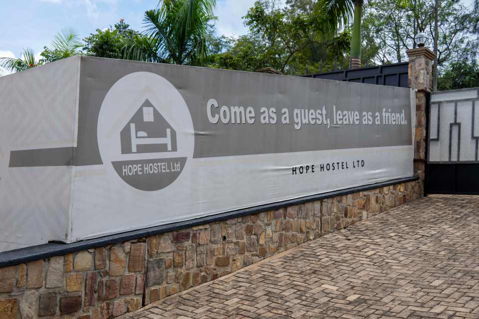 A welcome sign at the Hope Hostel in Rwanda