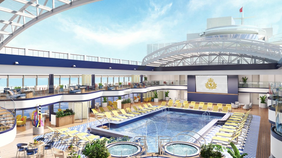 The Queen Anne has a two-deck area which features a retractable glass-dome roof allowing for dips in the pool