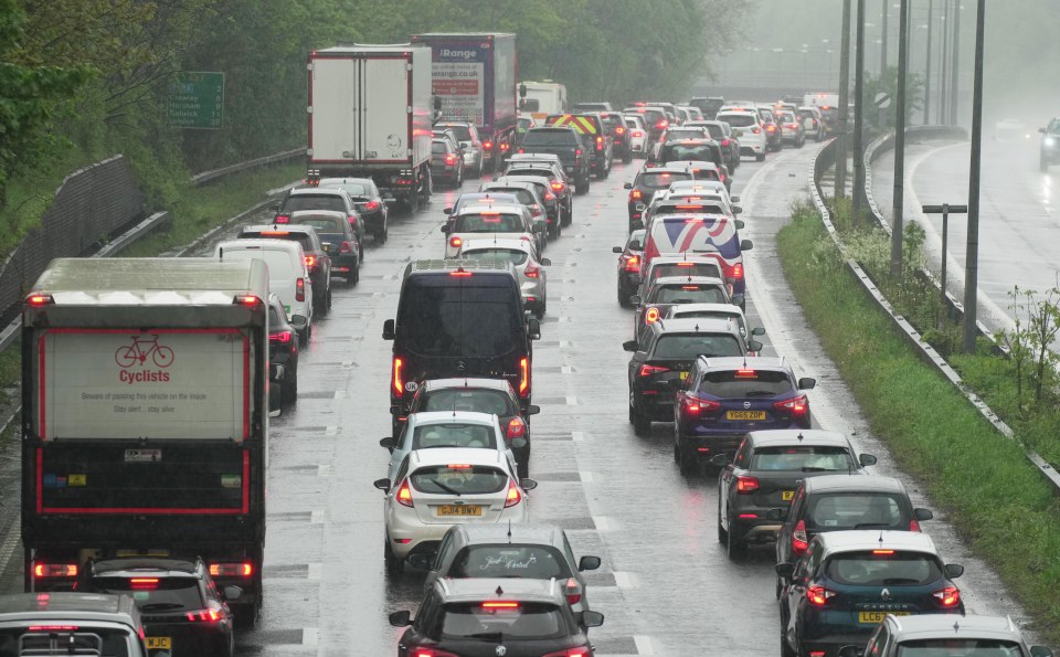 A traffic jam on the M23 in West Sussex this morning