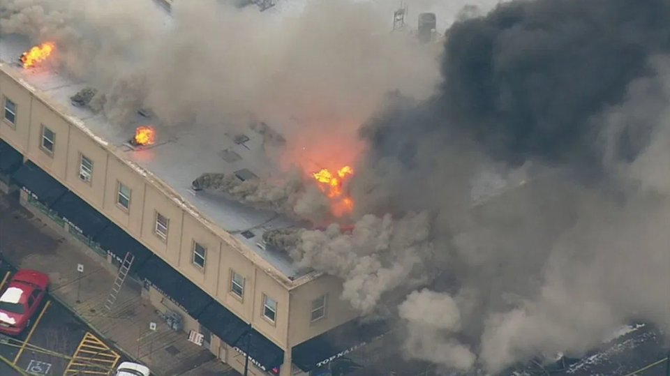 Aerial snaps showed the flames ripping through the building on Bridge Street