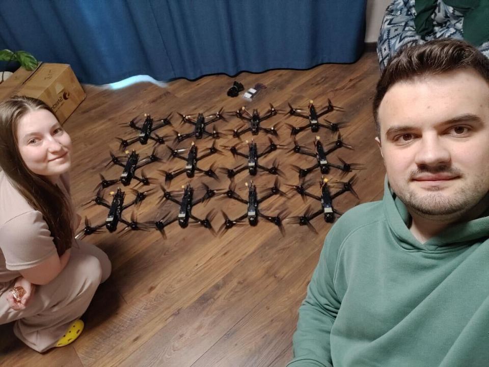 Zhanna Melnyk and her boyfriend Dmytro Smolts are among thousands of volunteers turning their homes into mini drone factories