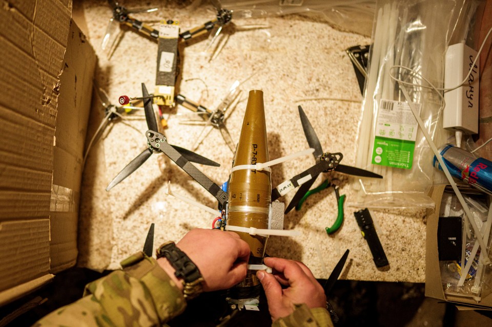 An explosive is rigged onto a small FPV - like the ones being built in kitchens