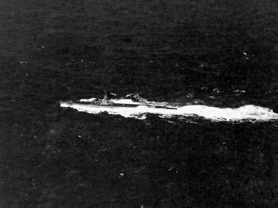 The is seen sub travelling through the Pacific Ocean in April 1944