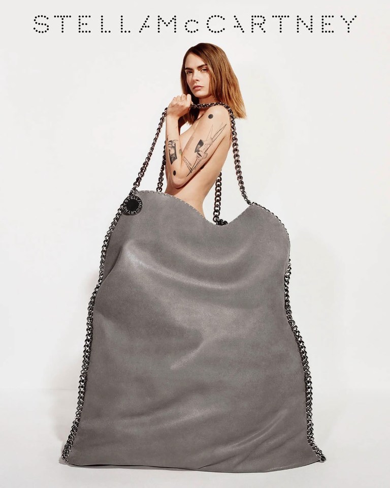 Cara Delevingne posed with a giant version of Stella McCartney’s vegan Falabella handbag