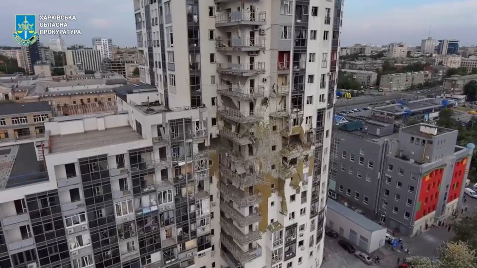 A damaged block of flats after a Russian strike on Kharkiv just days ago