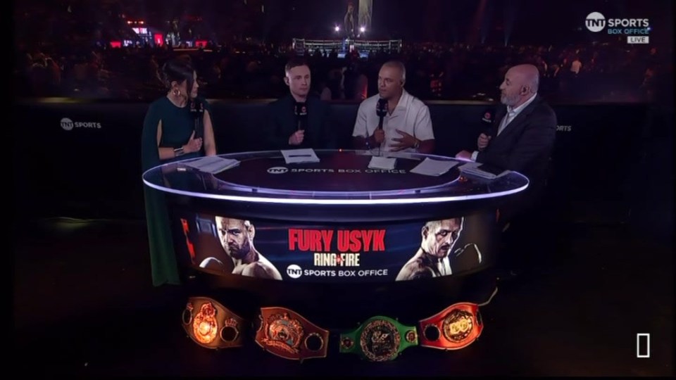 Carl Frampton (second left) and Steve Bunce (right) joined her on the TNT panel