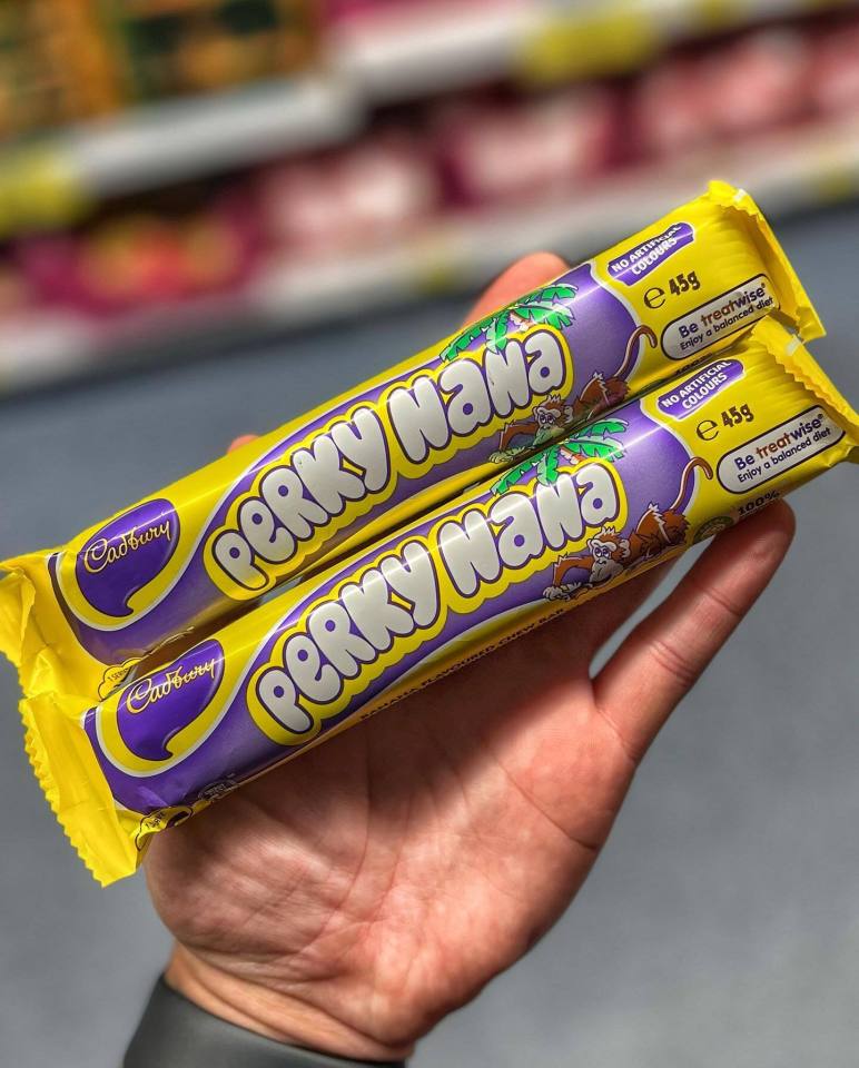 The cheeky Perky Nana bar is a banana-flavoured chew bar covered with Cadbury dairy milk chocolate