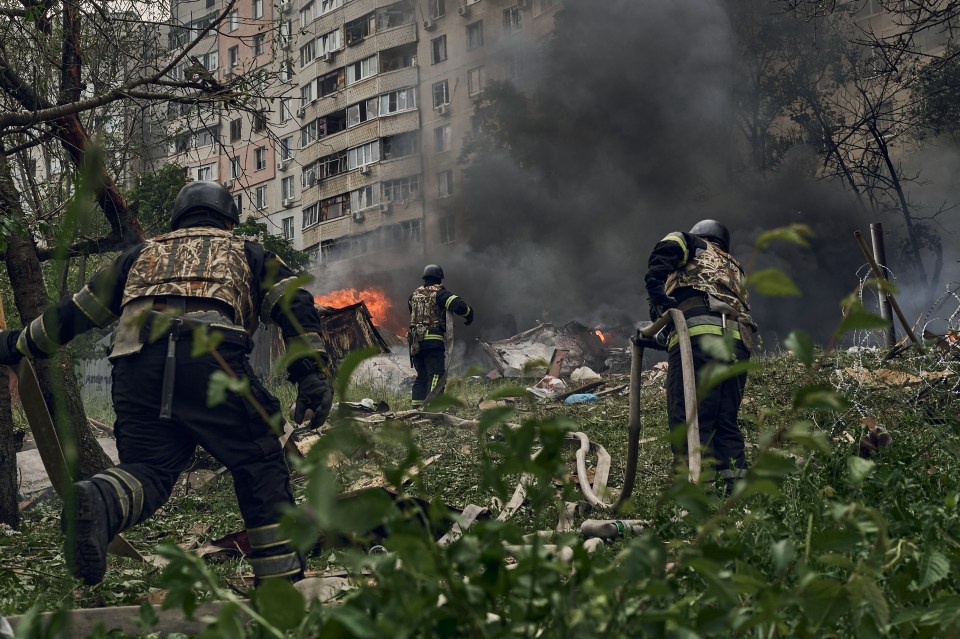 Emergency services in Kharkiv battle against a fire following a Russian air strike