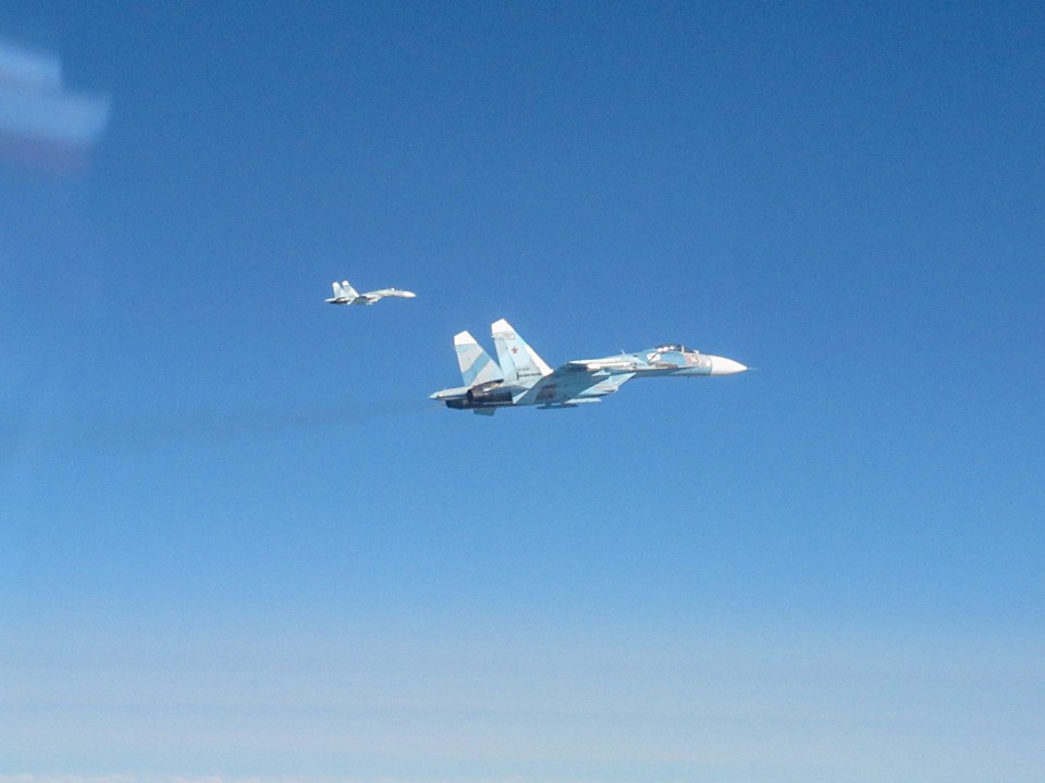 Two Russian SU-27 fighter jets are intercepted by two RAF Typhoons