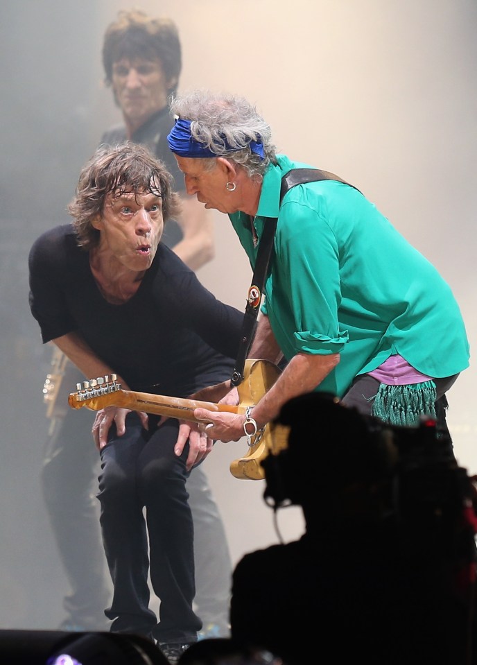 Rolling Stones Mick Jagger and Keith Richards perform on the Pyramid Stage in 2013