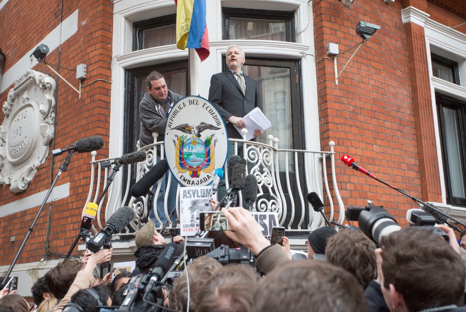 Assange speaking from the Ecuadorian embassy in 2016