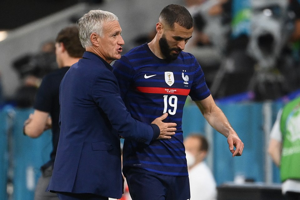 France coach Didier Deschamps greeting Karim Benzema after he was substituted against Germany at Euro 2020 in Munich on June 15, 2021