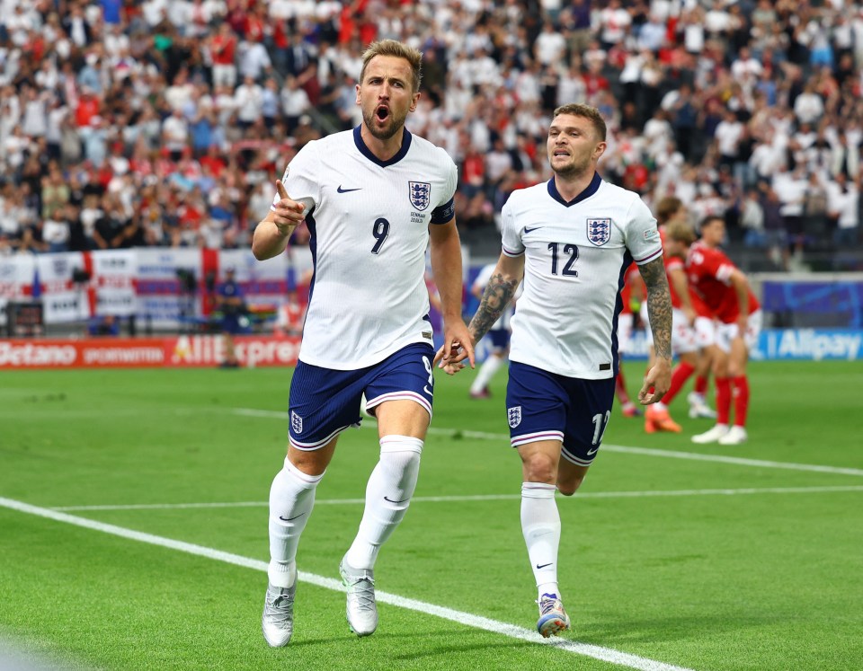 Harry Kane celebrates scoring for England against Denmark