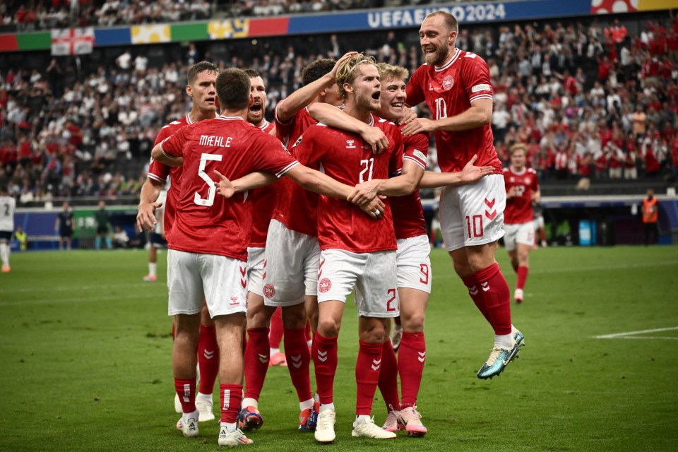 Denmark's midfielder Morten Hjulmand celebrated scoring his team's first goal