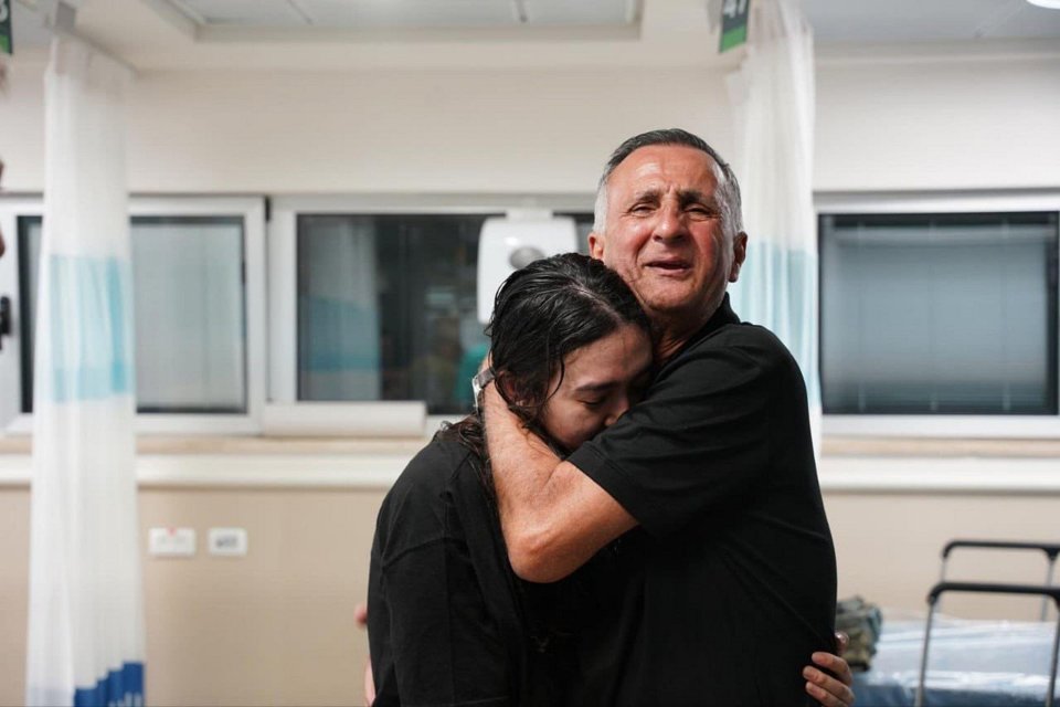 An emotional Noa hugged her dad Yaakov after finally being freed from Hamas' captivity