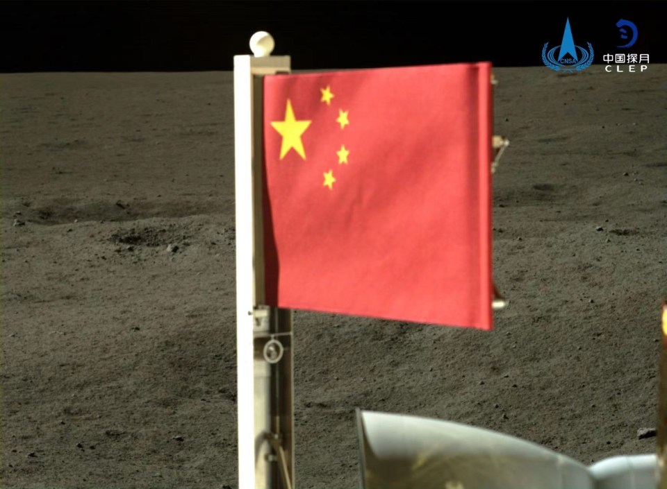 The Chinese national flag carried by the lander of the Chang’e-6 probe at the moon’s far side