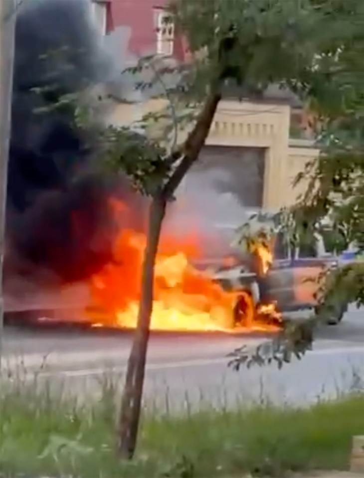 A police car on fire following the attack in Dagestan