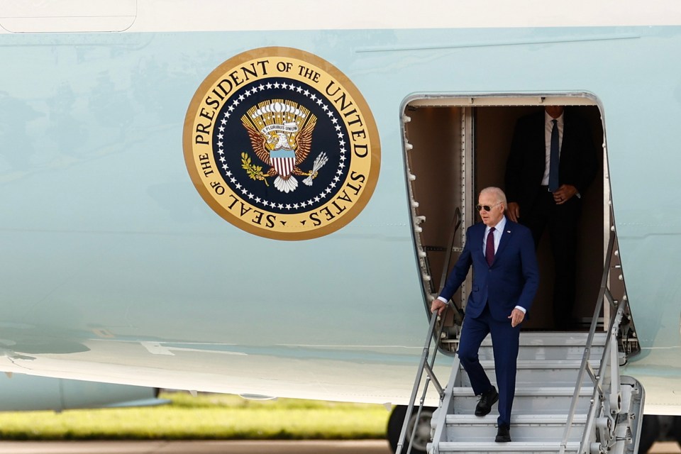 US President Joe Biden disembarks from the ‘Air Force One’ as he arrives at Paris Orly airport ahead of D-Day commemorations