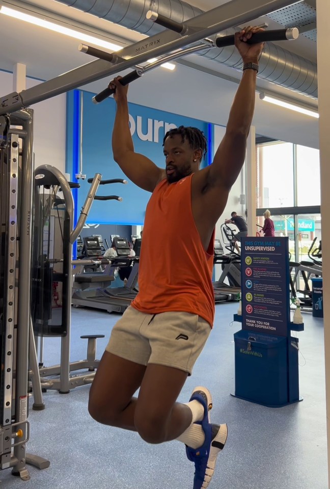 The first exercise is a round of pull-ups – either using a bar or an assisted machine