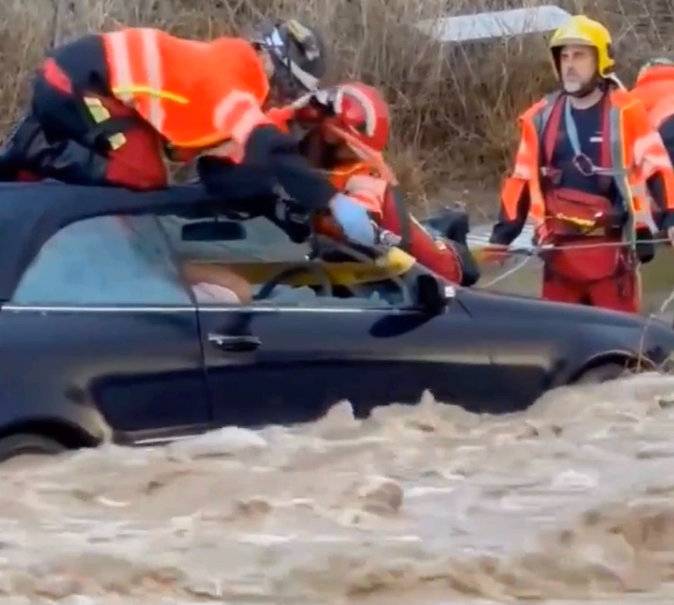 Rescuers were seen removing the rooftop to pull out the motorist