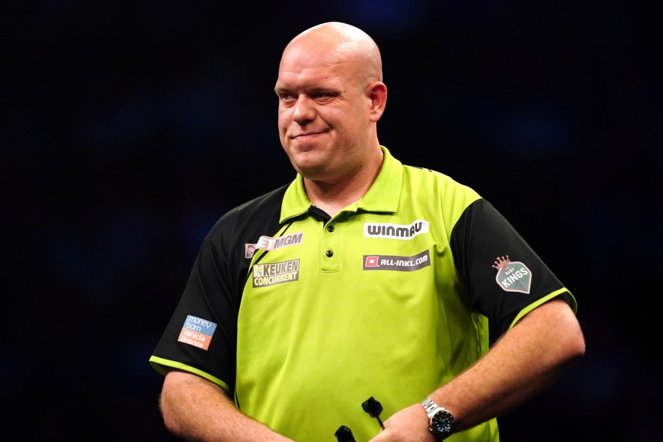 Michael van Gerwen reacts in the semi-final against Luke Humphries during the 2024 BetMGM Premier League play-off at The O2, London. Picture date: Thursday May 23, 2024. PA Photo. See PA story DARTS London. Photo credit should read: Zac Goodwin/PA Wire. RESTRICTIONS: Use subject to restrictions. Editorial use only, no commercial use without prior consent from rights holder.