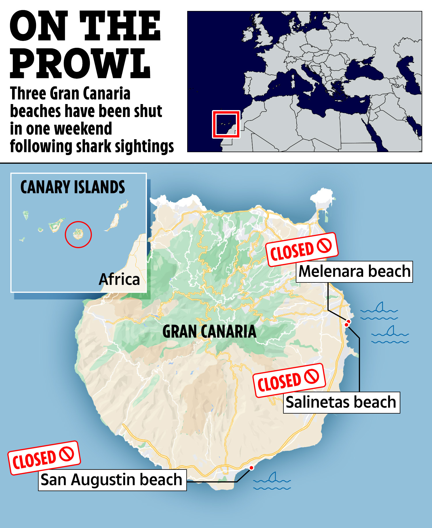 a map of the canary islands showing closed beaches