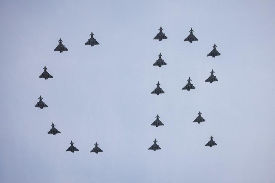 LONDON, ENGLAND - JUNE 17: RAF jets spell out 'CR' as part of a flypast during Trooping the Colour on June 17, 2023 in London, England. Trooping the Colour is a traditional parade held to mark the British Sovereign's official birthday. It will be the first Trooping the Colour held for King Charles III since he ascended to the throne. (Photo by Rob Pinney/Getty Images)