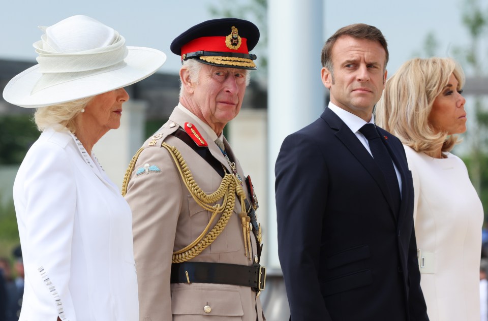 King Charles and Queen Camilla stand next to French president Emmanuel  Macron and his wife Brigitte at the 80th anniversary D-Day commemorations