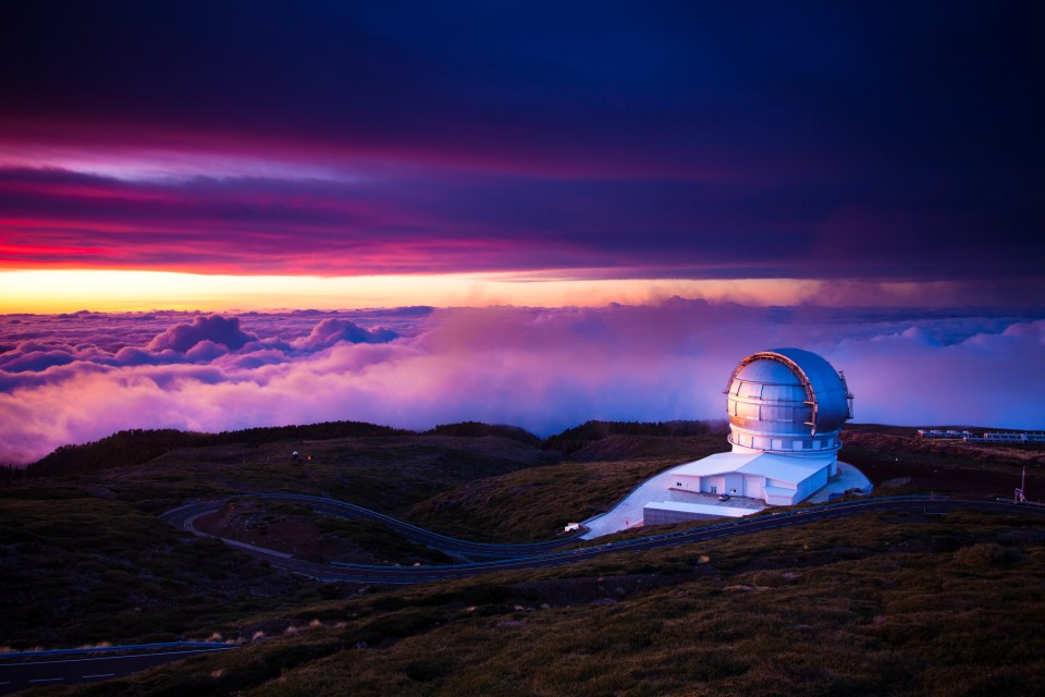 Telescopes on Roque de los Muchachos in La Palma at sunset